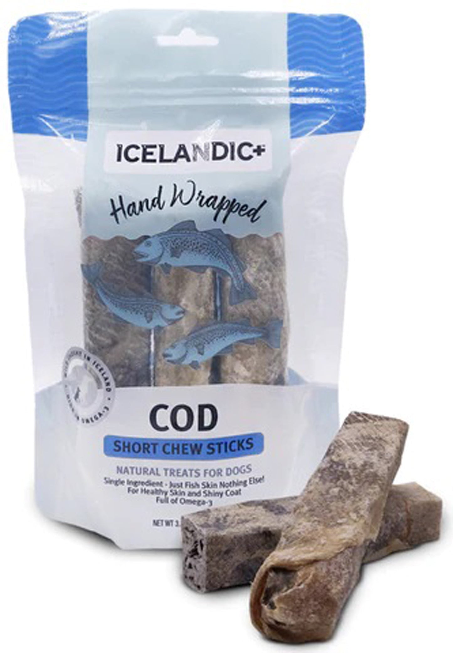 Icelandic+ — Palitos masticables de piel de bacalao para perros (5", paquete de 3)