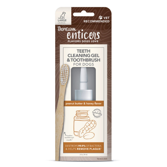 TropiClean Enticers Teeth Cleaning Gel & Toothbrush – Peanut Butter & Honey (2 oz, LG)