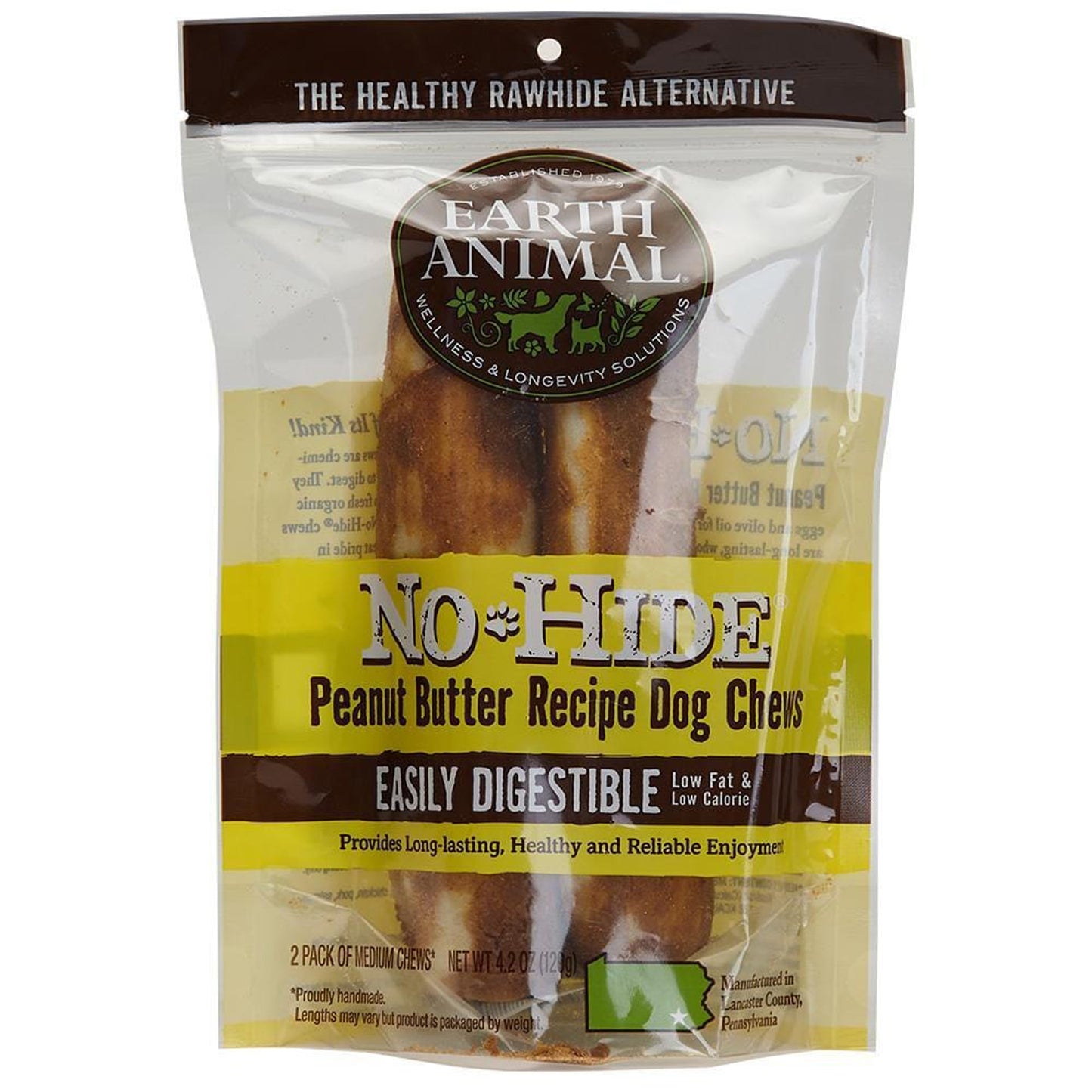 Earth Animal — No-Hide Peanut Butter Chews (11”, 2 Pack)