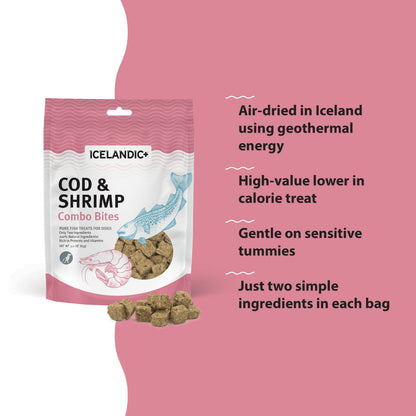 Icelandic+ — Bocados combinados de bacalao y camarones para perros (100 g)