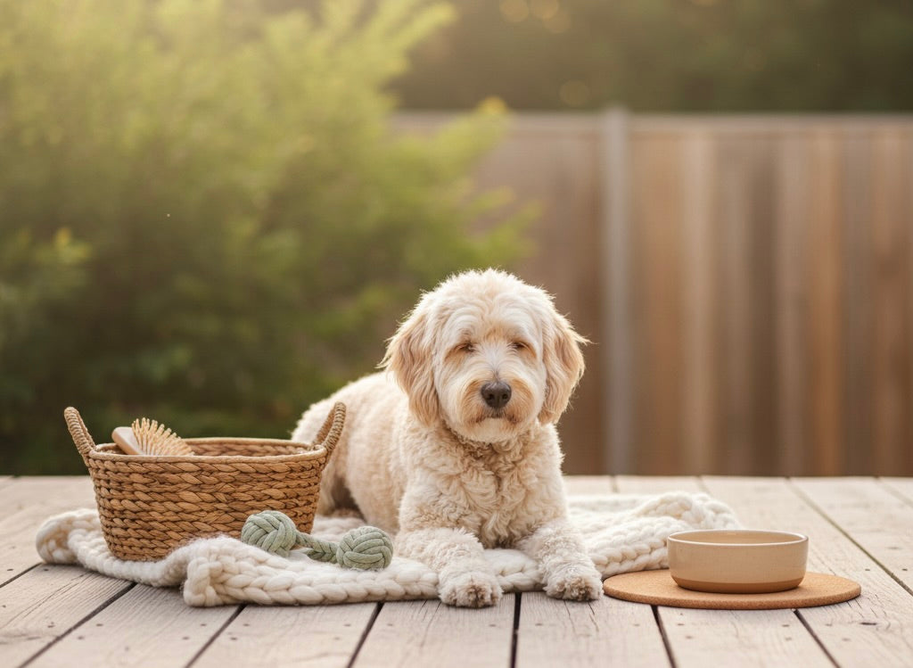 Dog sitting on a wooden deck with a basket, toys, and a bowl.